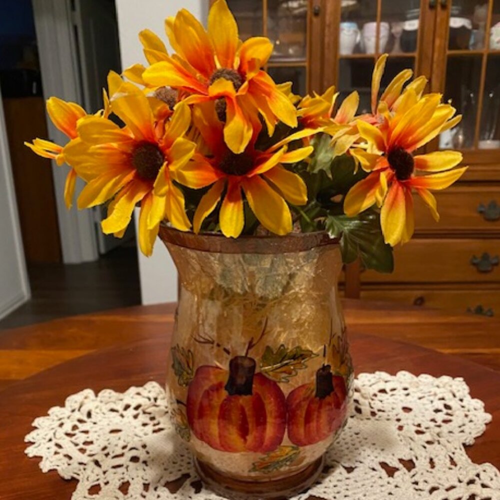 Large AMBER CRACKLE Autumn Pumpkin HANDPAINTED VASE Sunflowers & Raffia included